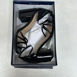 Kaari Blue Black Peep-Toe Heels with Ankle Strap